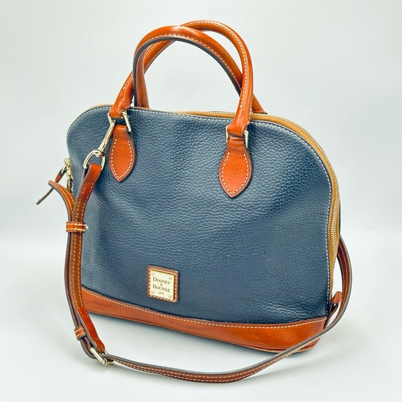 Dooney and Bourke Leather Pebble Grain Zip Zip Satchel Bag Navy Blue Brown - Picture 2 of 14